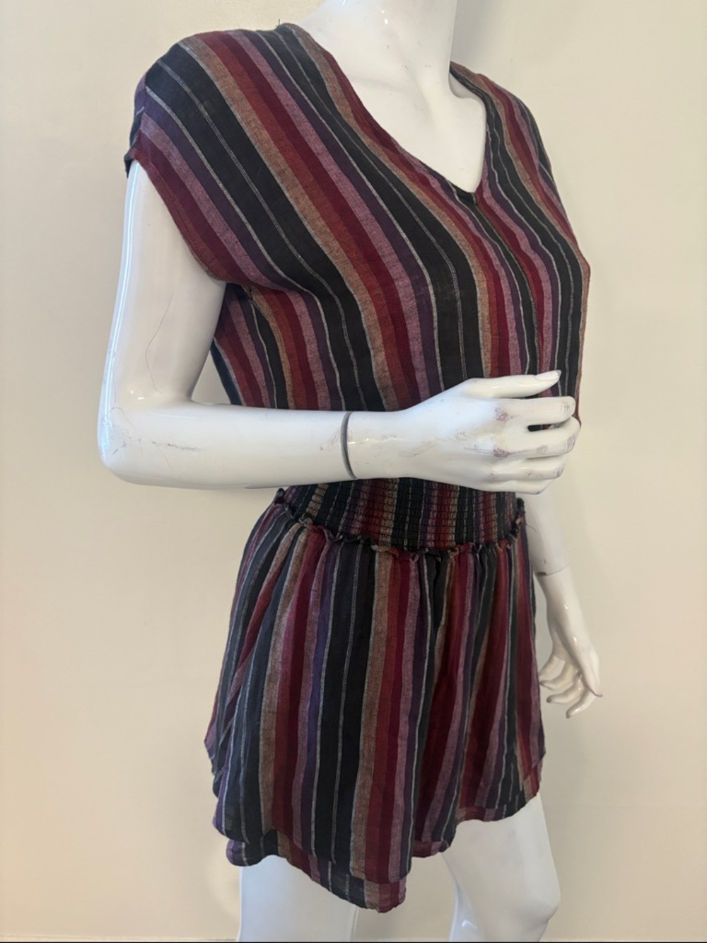 Rails Lucca Brava Stripe VNeck Short Sleeve Linen Blend Mini Dress Smocked Waist - Picture 2 of 8